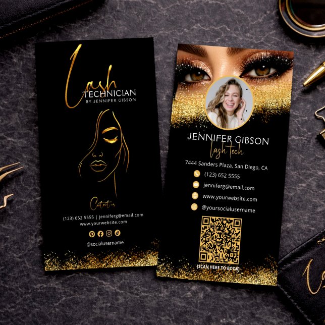 Glamorous Gold & Black Lash Tech QR Code  Business Card (Creator Uploaded)