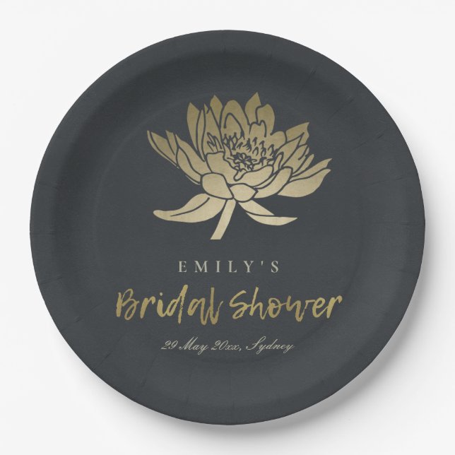 GLAMOROUS GOLD BLACK LOTUS FLORAL  BRIDAL SHOWER PAPER PLATES (Front)