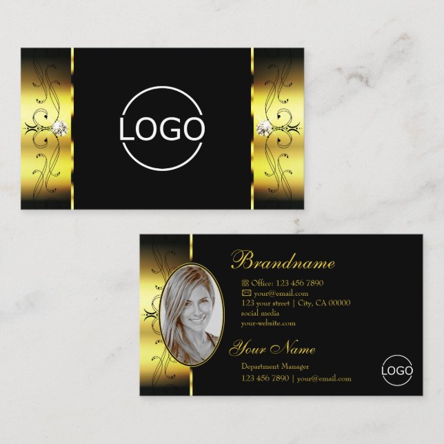 Glamorous Gold Black Squiggled Jewels Logo & Photo Business Card (Front/Back)