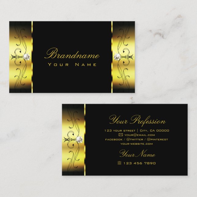 Glamorous Gold Black Squiggled Jewels Ornamental Business Card (Front/Back)