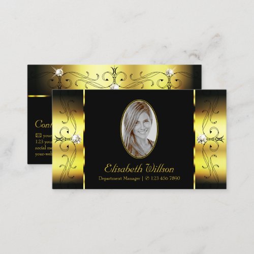 Glamorous Gold Black Squiggled Jewels with Photo Business Card