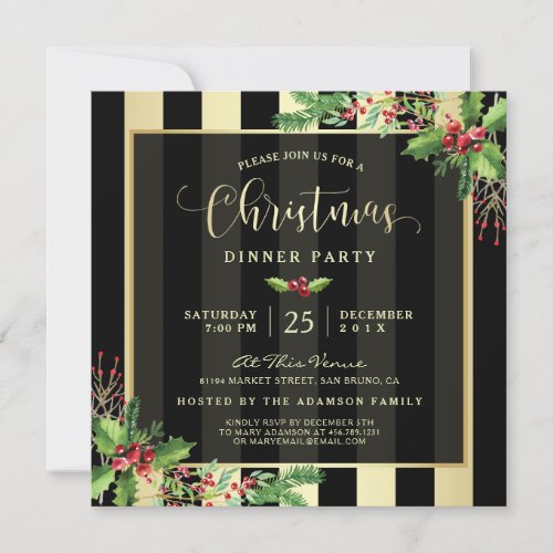 Glamorous Gold  Black Stripe Holiday Party Invite