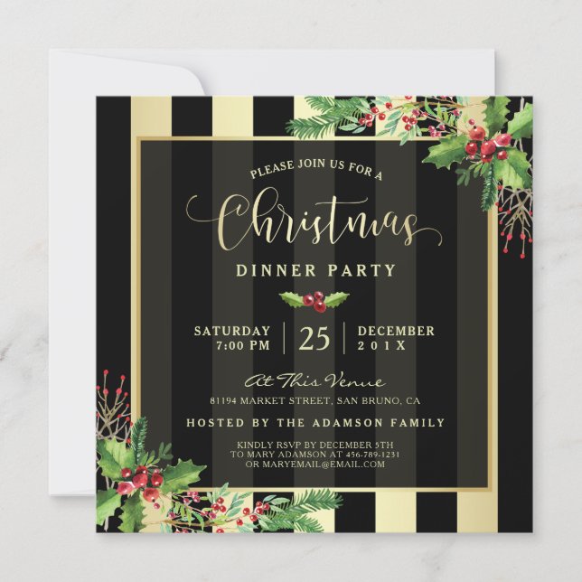 Glamorous Gold & Black Stripe Holiday Party Invite (Front)