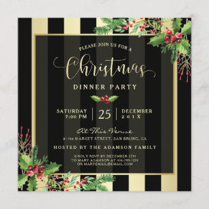 Glamorous Gold & Black Stripe Holiday Party Invite