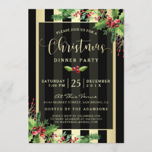 Glamorous Gold & Black Stripe Holiday Party Invite