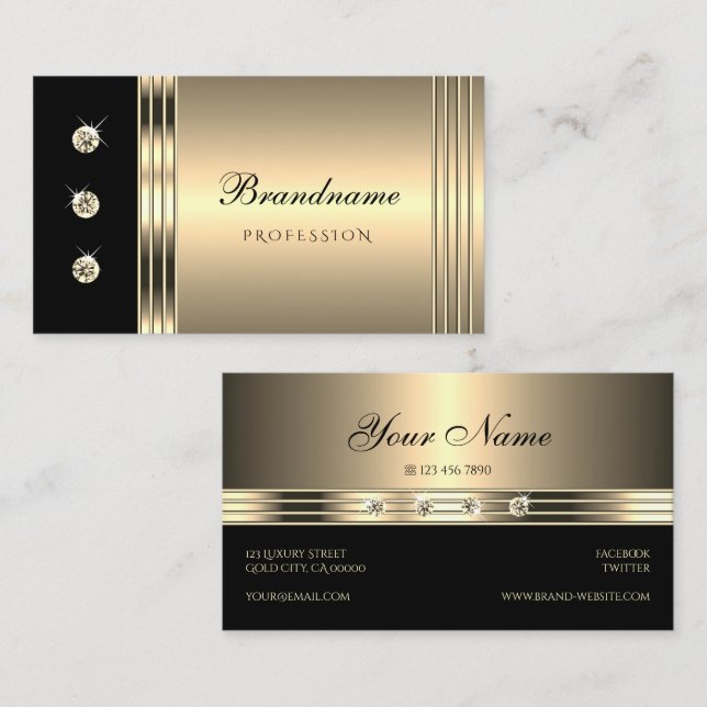 Glamorous Gold Black with Faux Rhinestones Bling Business Card (Front/Back)