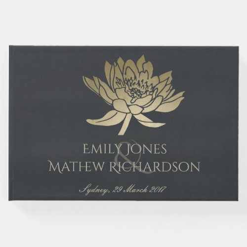 GLAMOROUS GOLD BLUE BLACK LOTUS FLORAL MONOGRAM GUEST BOOK