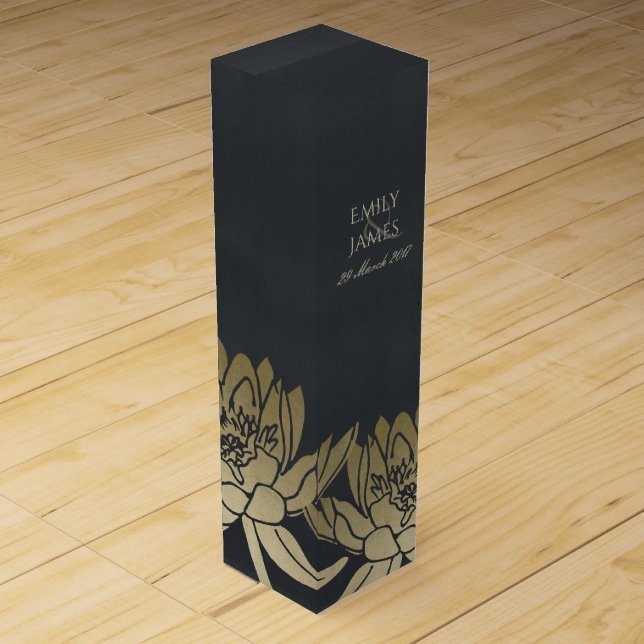 GLAMOROUS GOLD BLUE BLACK LOTUS FLORAL MONOGRAM WINE BOX (Front)