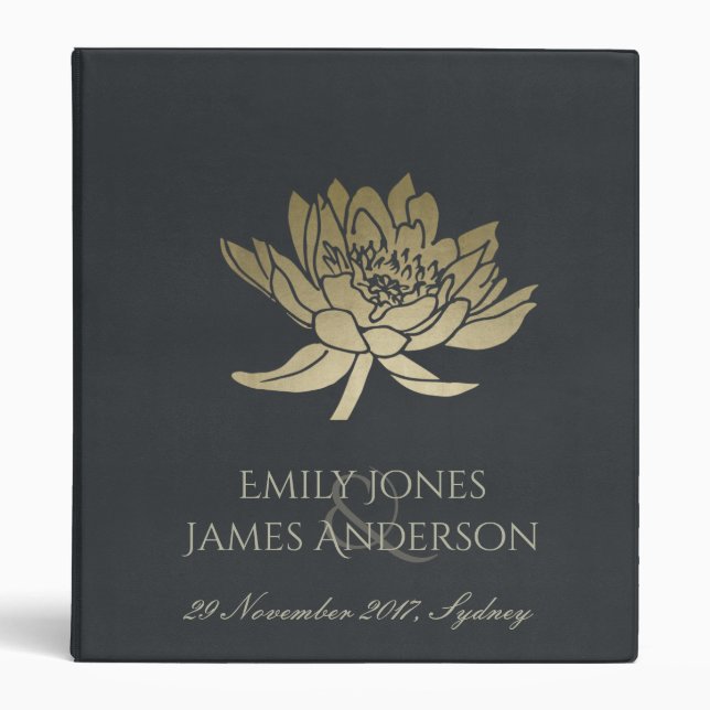 GLAMOROUS GOLD BLUE BLACK LOTUS FLORAL  WEDDING BINDER (Front)