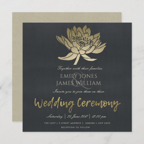 GLAMOROUS GOLD BLUE BLACK LOTUS FLORAL WEDDING INVITATION