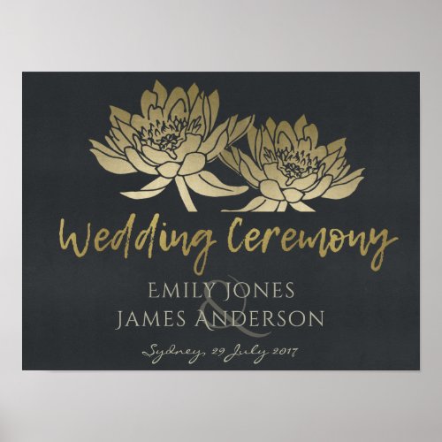 GLAMOROUS GOLD BLUE BLACK LOTUS FLORAL  WEDDING POSTER