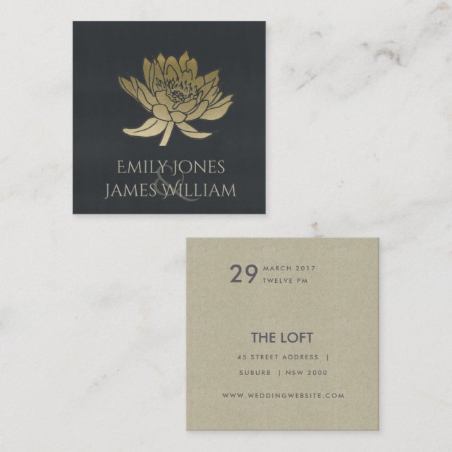 GLAMOROUS GOLD BLUE BLACK LOTUS FLORAL WEDDING SQUARE BUSINESS CARD (Front/Back)
