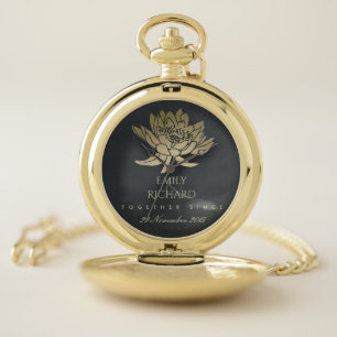 GLAMOROUS GOLD BLUE BLACK LOTUS SAVE THE DATE GIFT POCKET WATCH