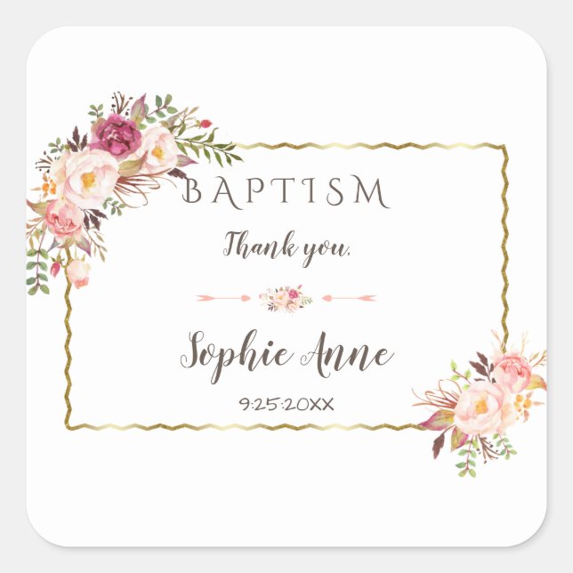 Glamorous Gold Blush Pink Floral Baptism Square Sticker (Front)