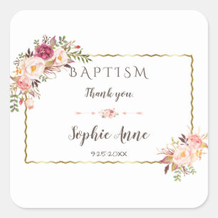 Glamorous Gold Blush Pink Floral Baptism Square Sticker