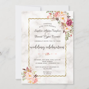 Glamorous Gold Blush Pink Floral Marble Wedding Invitation