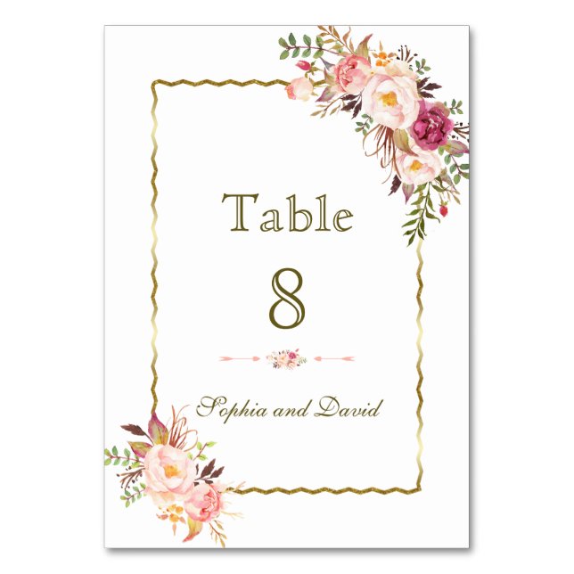 Glamorous Gold Blush Pink Floral Table Number (Front)