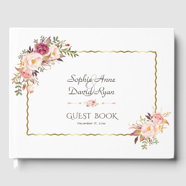 Glamorous Gold Blush Pink Floral Wedding Guest Book (Front)