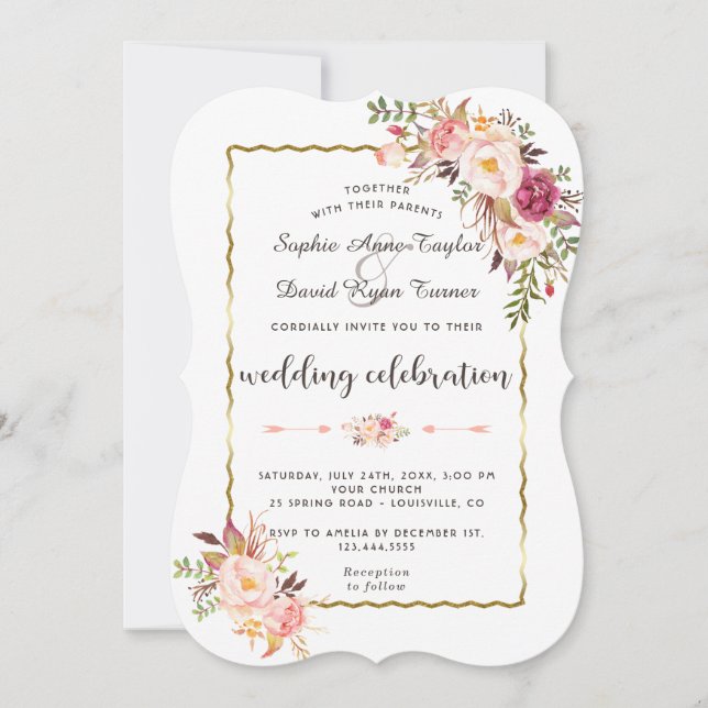 Glamorous Gold Blush Pink Floral  Wedding Invitation (Front)