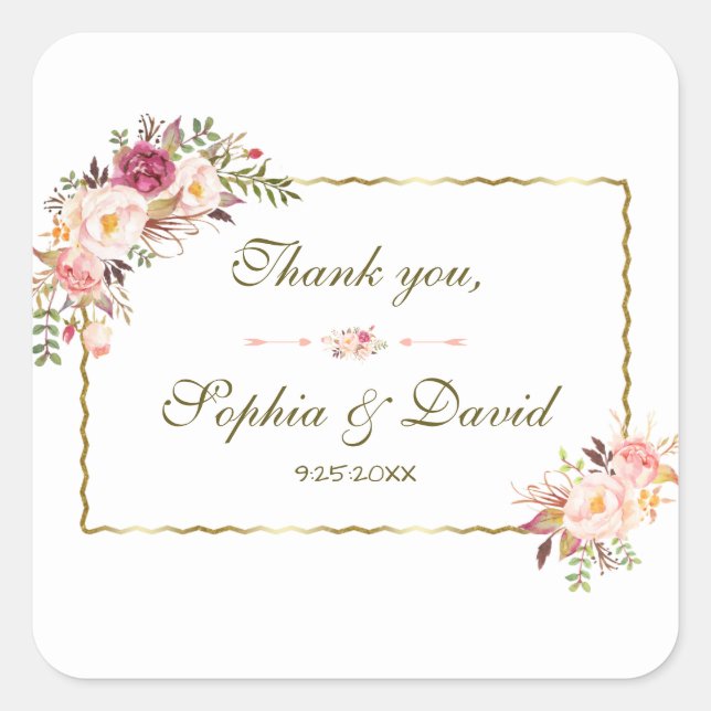 Glamorous Gold Blush Pink Floral Wedding Square Sticker (Front)