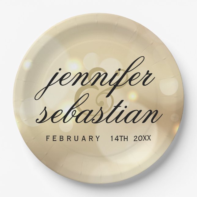 Glamorous Gold Bokeh Light monogram wedding Paper Plates (Front)