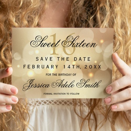 Glamorous Gold Bokeh Light Sweet 16 save the date Postcard