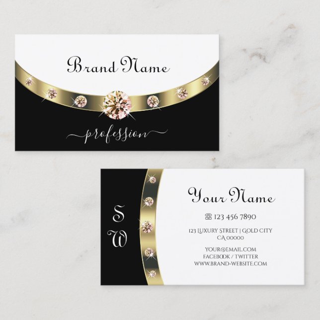Glamorous Gold Border Black and White Monogram Business Card (Front/Back)