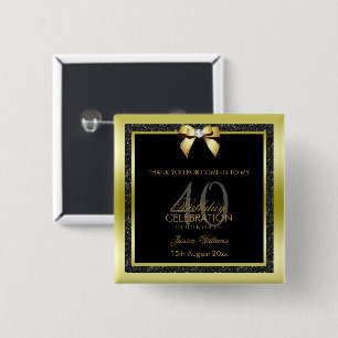 Glamorous Gold Bow & Black Glitter 40th Birthday Button