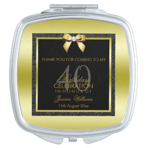 Glamorous Gold Bow & Black Glitter 40th Birthday Compact Mirror