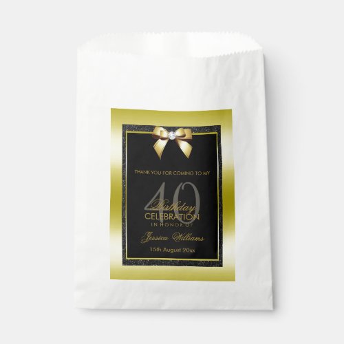 Glamorous Gold Bow  Black Glitter 40th Birthday Favor Bag