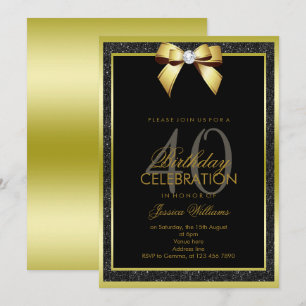 Glamorous Gold Bow & Black Glitter 40th Birthday Invitation