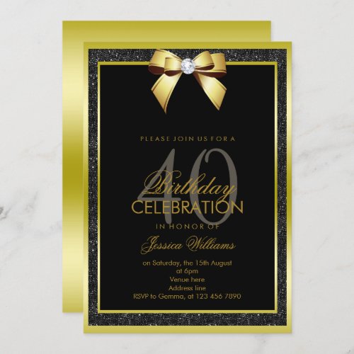 Glamorous Gold Bow  Black Glitter 40th Birthday Invitation