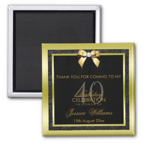 Glamorous Gold Bow  Black Glitter 40th Birthday Magnet