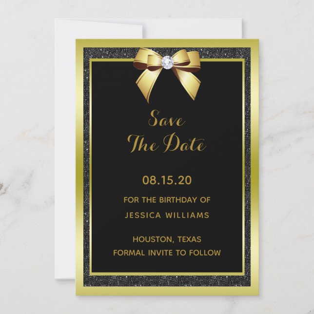 Glamorous Gold Bow & Black Glitter Save The Date (Front)