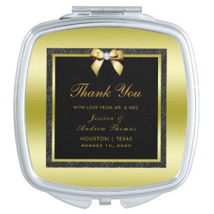 Glamorous Gold Bow & Black Glitter Wedding Compact Mirror