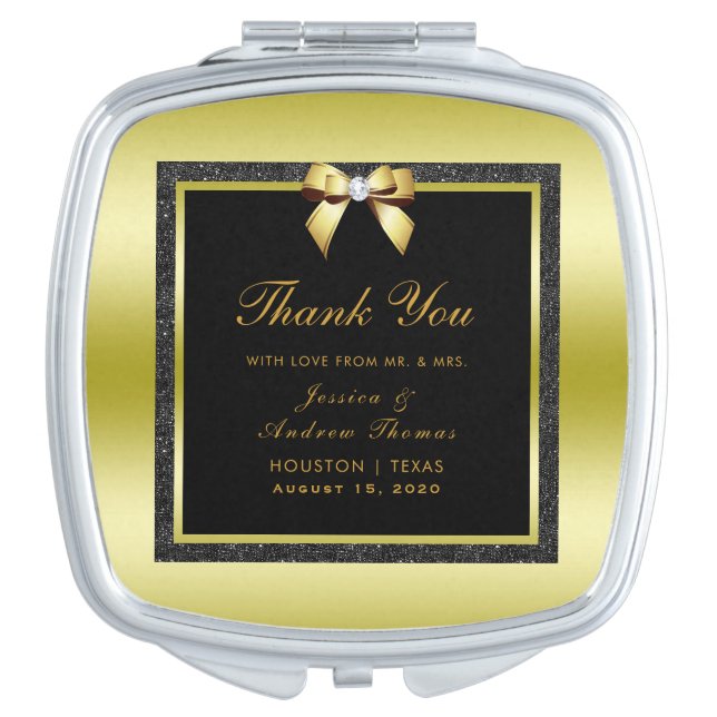 Glamorous Gold Bow & Black Glitter Wedding Compact Mirror (Front)
