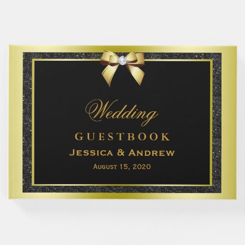 Glamorous Gold Bow  Black Glitter Wedding Guest Book