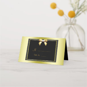 Glamorous Gold Bow & Black Glitter Wedding Place Card