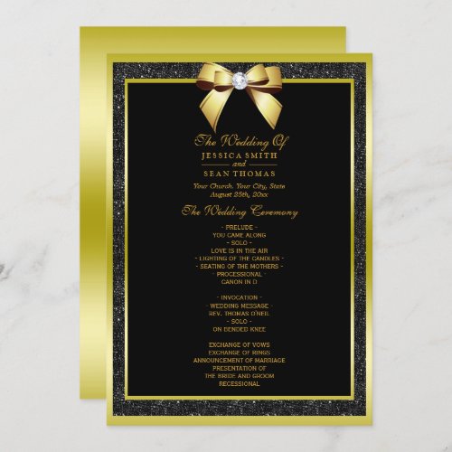 Glamorous Gold Bow  Black Glitter Wedding Program