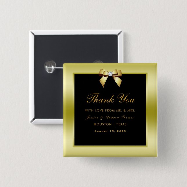 Glamorous Gold Bow & Black Wedding Button (Front & Back)