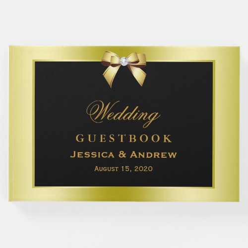 Glamorous Gold Bow  Black Wedding Guest Book