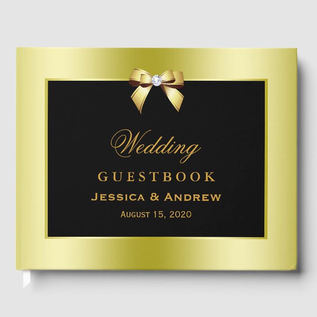 Glamorous Gold Bow & Black Wedding Guest Book (Front)