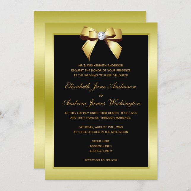 Glamorous Gold Bow & Black Wedding Invitation (Front/Back)