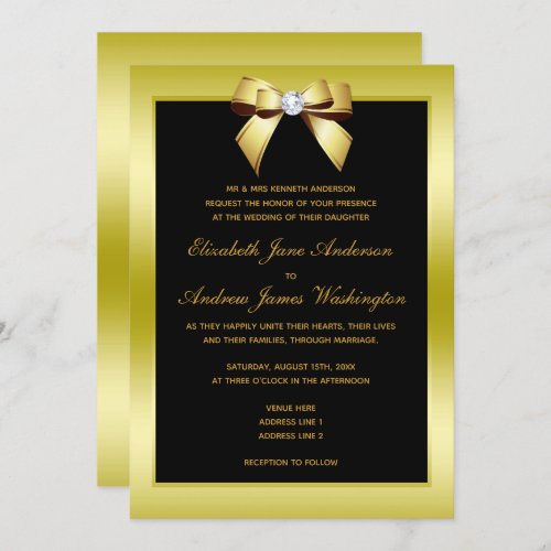 Glamorous Gold Bow  Black Wedding Invitation