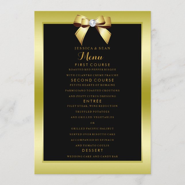 Glamorous Gold Bow & Black Wedding Menu (Front)