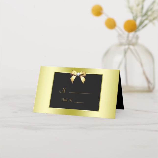 Glamorous Gold Bow & Black Wedding Place Card (Front)