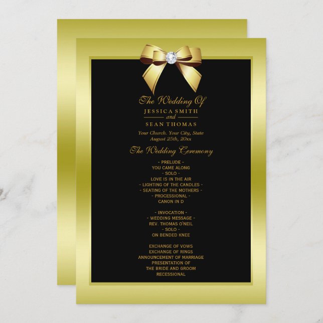 Glamorous Gold Bow & Black Wedding Program (Front/Back)