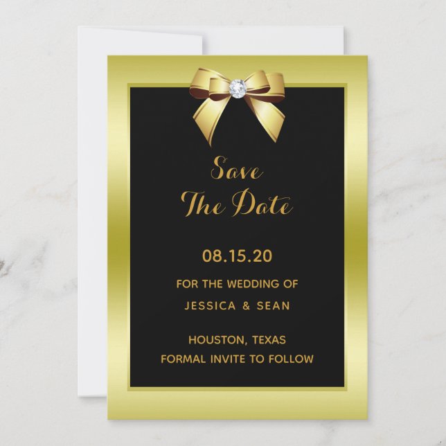 Glamorous Gold Bow & Black Wedding Save The Date (Front)