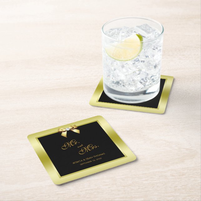 Glamorous Gold Bow & Black Wedding Square Paper Coaster (Insitu)