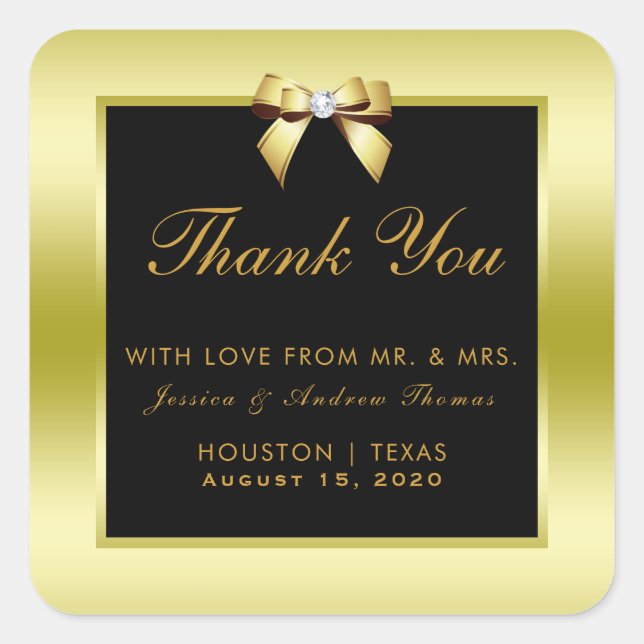 Glamorous Gold Bow & Black Wedding Square Sticker (Front)